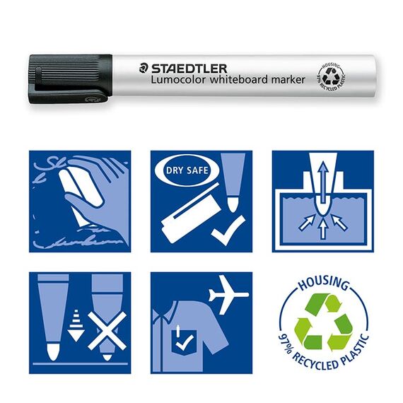 STAEDTLER whiteboard Marker Lumocolor, Linienbreite 2,00 mm, schnelltrocknend, geruchsarm, lange Lebensdauer, blockierte Spitze, 6 whiteboard Marker in aufstellbarer STAEDTLER box, 351 WP6-1