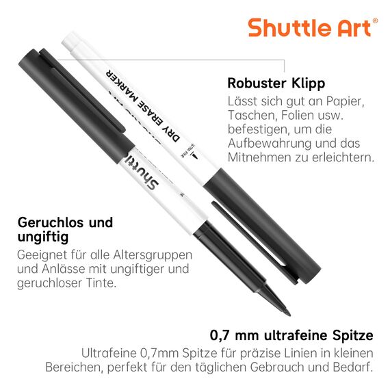 Shuttle Art Whiteboard Stifte, 15 Stück schwarze mit 0,7 mm ultrafeine Spitze, ungiftig, whiteboard stifte abwischbar, Schreiben auf Weißwand, Planer für Schule, Büro, Zuhause