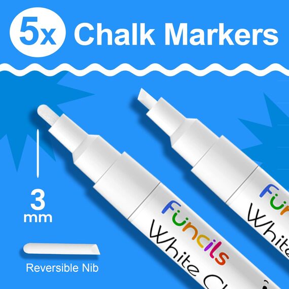Funcils Weiß Kreidestifte für Tafel Abwaschbar - (5 Stück 3mm) Kreidestift Weiß für Fenster & Tafel - Ideal als Weißer Kreidemarker, Weiss Kreidestifte Dünn, Glasstift Abwaschbar, Tafel Chalk Markers
