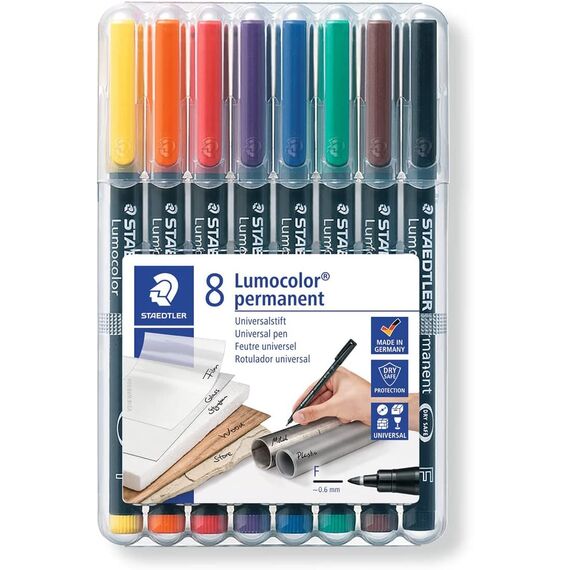 Staedtler Permanent Universalstift Lumocolor Set mit 8 Farben und Lumocolor Zweispitzmarker, wisch- und wasserfest, sekundenschnell trocken, nachfüllbar