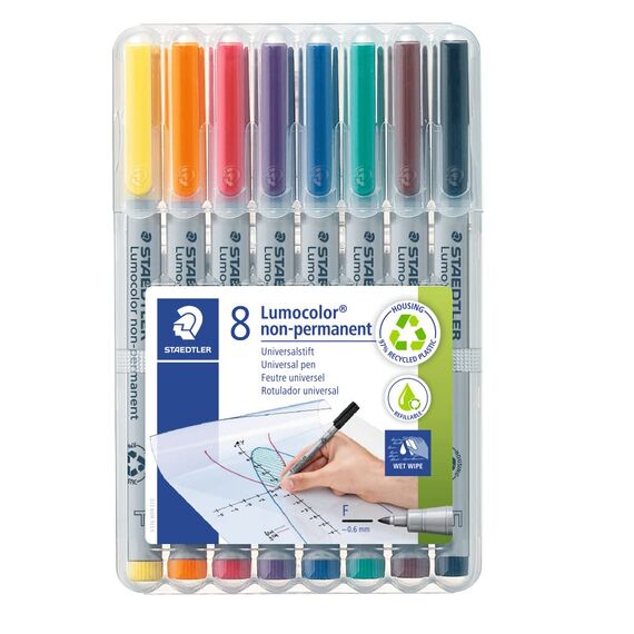 STAEDTLER Folienstift Lumocolor, non-permanent, wasserlöslich, F-Spitze mit Linienbreite ca. 0.6 mm, hohe Qualität, recyceltes Plastik, Set mit 8 Farben in STAEDTLER-Box, 316 WP8, Grau