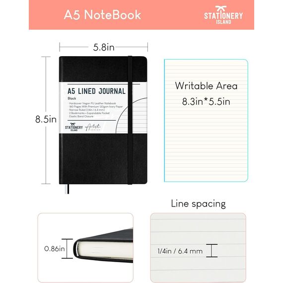STATIONERY ISLAND Notizbuch A5 Liniert, Journal Hardcover mit 120 g/m² Dickem Papier, 180 Seiten Tagebuch, Notebook a5 für Mädchen, Reisetagebuch, Planen, Lernen, Schreiben