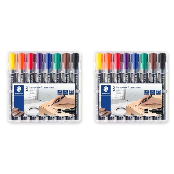 Staedtler permanent Marker Lumocolor, Keilspitze 2 mm oder 5 mm, wisch- und wasserfest, nachfüllbar, farbintensiv, geruchsarm, 8 Farben in der aufstellbaren Box, 350 WP8 (Packung mit 2)