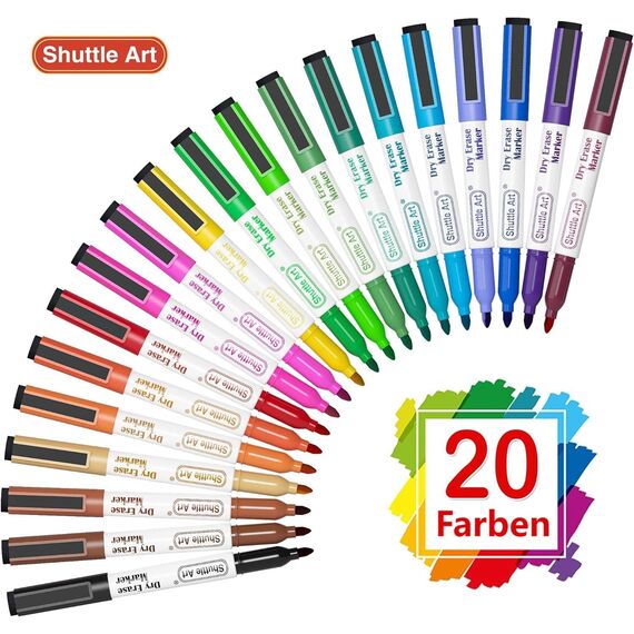 Shuttle Art Whiteboard Marker Set 20 Stück Whiteboard Marker Feine Spitze und Radiergummi trocken abwischbare Whiteboard Marker für Kinder zum Schreiben auf Whiteboards, Wochenplaner, Glas für