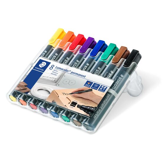 Staedtler permanent Marker Lumocolor, Keilspitze 2 mm oder 5 mm, wisch- und wasserfest, nachfüllbar, farbintensiv, geruchsarm, 8 Farben in der aufstellbaren Box, 350 WP8 (Packung mit 2)