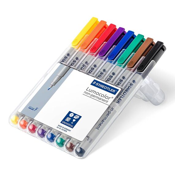 Staedtler 316 WP8 Lumocolor Universalstift F-Spitze, circa 0.6 mm, non-permanent, 8 Stück in aufstellbarer Staedtler Box (8-fach sortiert | 1 Box, F-Spitze | non-permanent)
