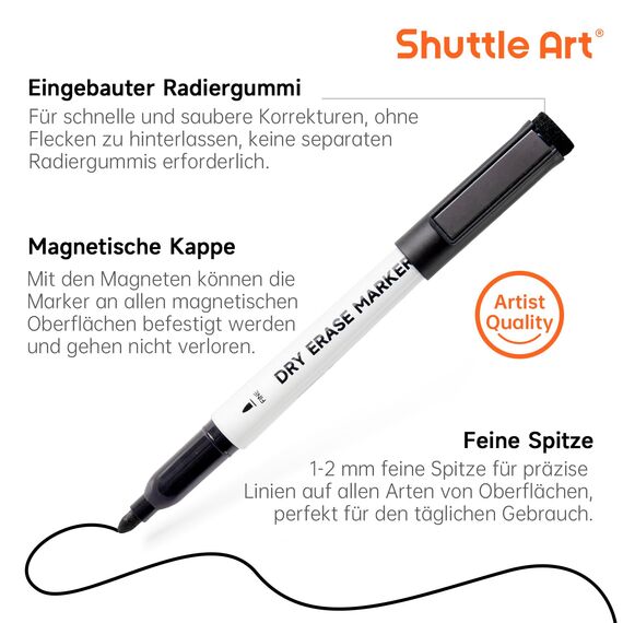 Shuttle Art Whiteboard Marker schwarz, 15 magnetische whiteboard stifte abwischbar schwarz, Folienstift trocken abwischbar fein, für Whiteboards, magnetische Schreibtafeln, Spiegel geeignet