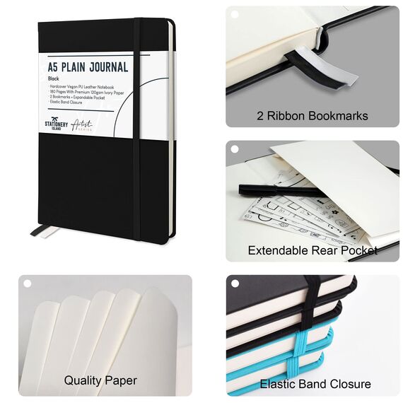 STATIONERY ISLAND Notizbuch A5 Blanko, Journal Hardcover mit 120 g/m² Dickem Papier, 180 Seiten Tagebuch, Notebook a5 für Mädchen, Reisetagebuch, Planen, Lernen, Schreiben