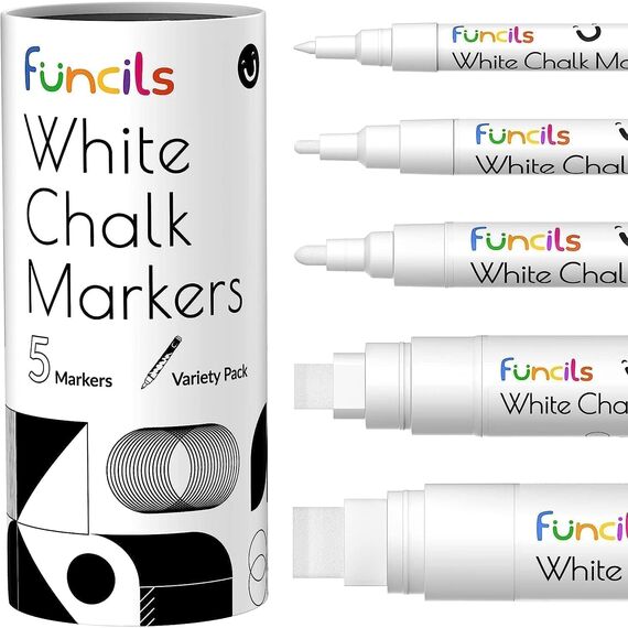 Funcils Kreidestifte - weiß - 5 Kreide Markers Multipack - 1mm, 3mm, 6mm, 10mm, 15mm Spitze. Kreidestifte für Fenster, Tafel, Glas und mehr. Geeignet für Erwachsene, Künstler, Lehrer und Kinder.