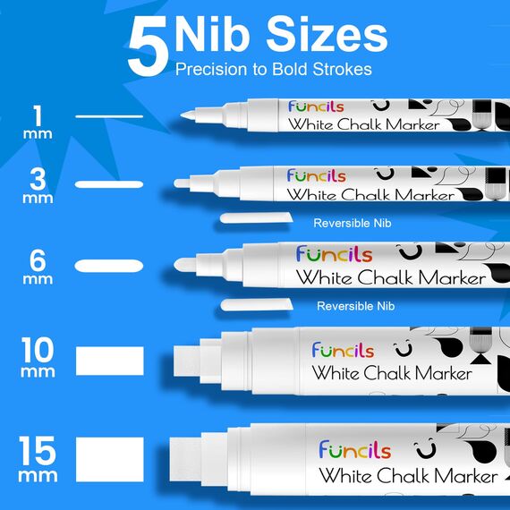 Funcils Kreidestifte - weiß - 5 Kreide Markers Multipack - 1mm, 3mm, 6mm, 10mm, 15mm Spitze. Kreidestifte für Fenster, Tafel, Glas und mehr. Geeignet für Erwachsene, Künstler, Lehrer und Kinder.