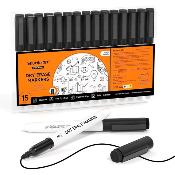 Shuttle Art Whiteboard Marker schwarz, 15 magnetische whiteboard stifte abwischbar schwarz, Folienstift trocken abwischbar fein, für Whiteboards, magnetische Schreibtafeln, Spiegel geeignet