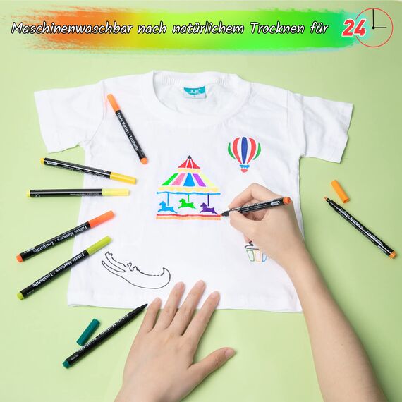 DAPAWIN 24 Textilstifte – Waschmaschinenfest & Permanent, Fine-Point Stoffmarker für T-Shirts, Kleidung, Schuhe & Taschen – Ungiftig, Schnell trocknend, Leuchtende Farben