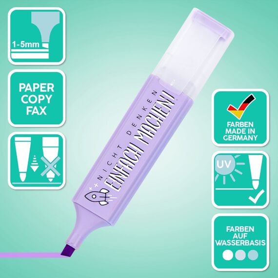 MACH MAL PAUSE® 6x Textmarker Pastell - das motivierend lustige Textmarker Set zum lernen u. markieren ist das Geschenk für Studenten Schüler Lehrer Kollegen - die Marker Stifte für Schule Büro