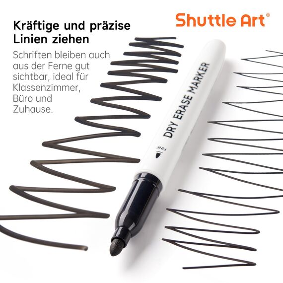 Shuttle Art Whiteboard Marker schwarz, 15 magnetische whiteboard stifte abwischbar schwarz, Folienstift trocken abwischbar fein, für Whiteboards, magnetische Schreibtafeln, Spiegel geeignet