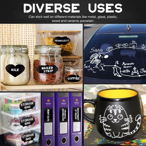 SAKEYR 8 Weiße Abwaschbare Kreidestifte & 45pcs Kreidetafel Labels – Für Tafel, Fenster, Glas & Gewürzgläser (1mm/3mm/6mm Spitzenbreite)