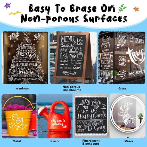 SAKEYR Weißer Kreidestifte für Fenster Tafel Abwaschbar, 6 Stück Kreidestift Set und 45pcs Kreidetafel Labels, Kreidemarker Weiss für Glas & Gewürzgläser, (1mm,1mm, 3mm, 6mm, 10mm und 15mm)