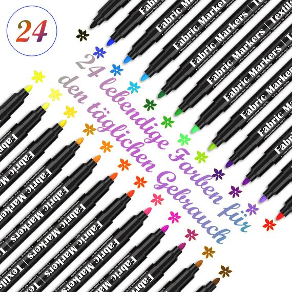 DAPAWIN 24 Textilstifte – Waschmaschinenfest & Permanent, Fine-Point Stoffmarker für T-Shirts, Kleidung, Schuhe & Taschen – Ungiftig, Schnell trocknend, Leuchtende Farben