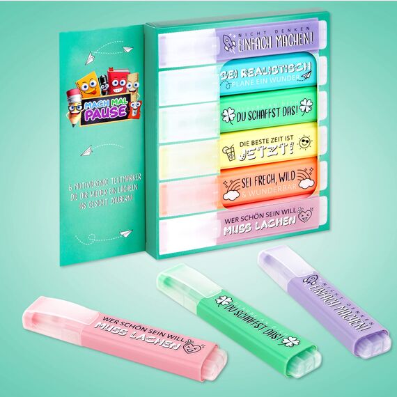 MACH MAL PAUSE® 6x Textmarker Pastell - das motivierend lustige Textmarker Set zum lernen u. markieren ist das Geschenk für Studenten Schüler Lehrer Kollegen - die Marker Stifte für Schule Büro