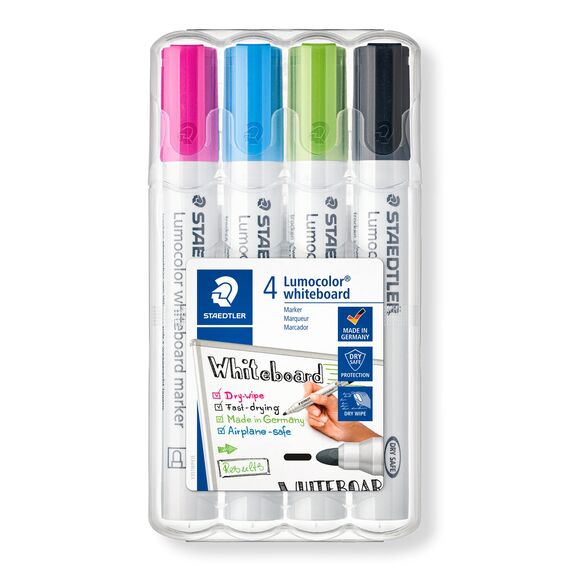STAEDTLER Whiteboard Marker Lumocolor, trocken und rückstandsfrei abwischbar von Whiteboards, Rundspitze, ca. 2 mm Linienbreite, hohe Qualität, Set mit 4 Farben, 351 WP4-1