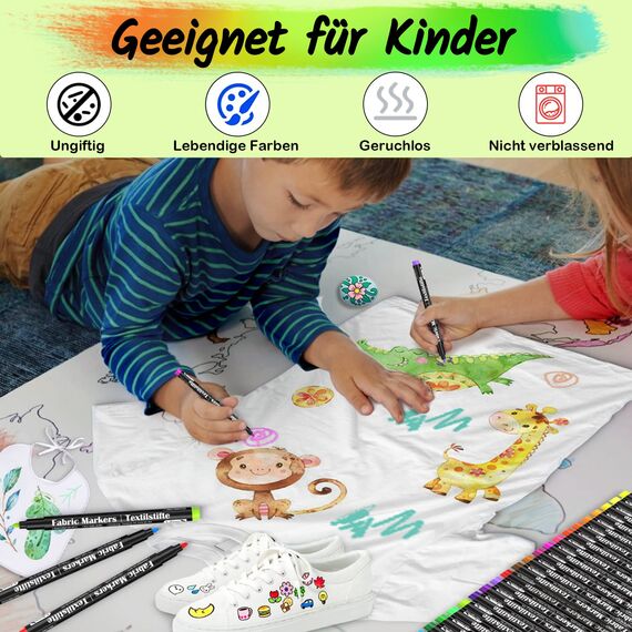 DAPAWIN 24 Textilstifte – Waschmaschinenfest & Permanent, Fine-Point Stoffmarker für T-Shirts, Kleidung, Schuhe & Taschen – Ungiftig, Schnell trocknend, Leuchtende Farben