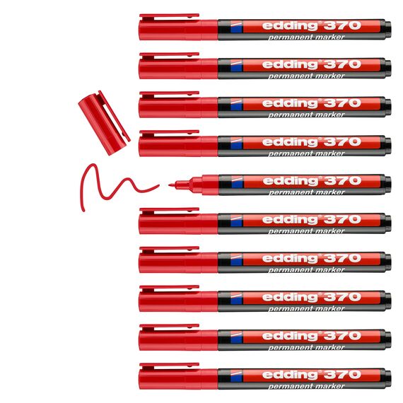 edding 370 Permanentmarker - rot - 10 Stifte - feine Rundspitze 1 mm - wasserfest, schnell-trocknend - Multimarker, Universalstift - für Karton, Kunststoff, Holz, Metall, Glas, Stein, Leinwand