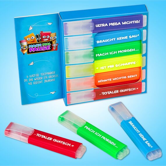 MACH MAL PAUSE® 6x Lustige Textmarker - buntes Marker Set mit Sprüchen - Geschenk für Studenten Schüler Kinder Lehrer Kollegen Chef - witzige Highlighter Anti Stress Stifte für Schule Uni Büro
