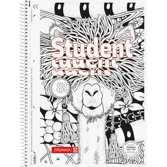 BRUNNEN Collegeblock Premium Student „Lama“ ZENart | A4, Lineatur 27, 80 Blatt, weiß