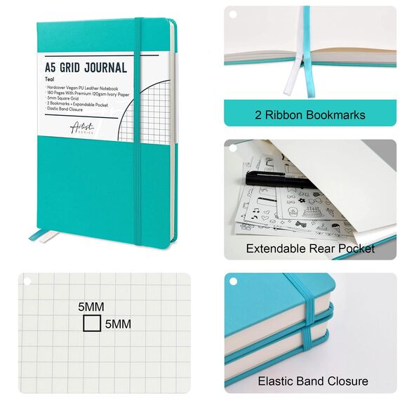 STATIONERY ISLAND Notizbuch A5 Kariert, Journal Hardcover mit 120 g/m² Dickem Papier, 180 Seiten Tagebuch, Notebook a5 für Mädchen, Reisetagebuch, Planen, Lernen, Schreiben