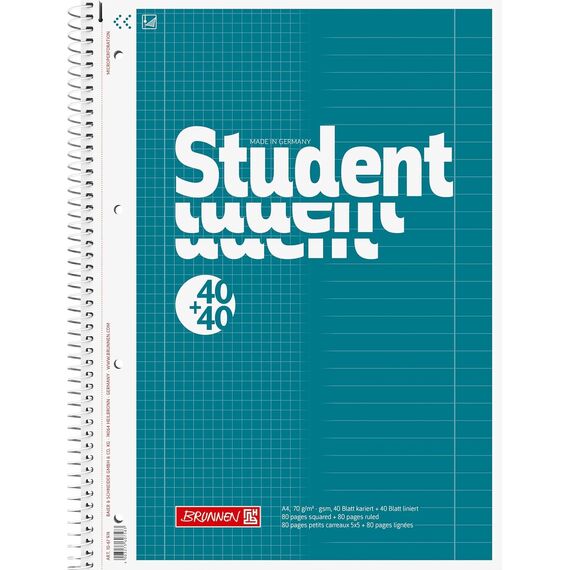 BRUNNEN Collegeblock Student „DUO“ | A4, kariert/liniert, 80 Blatt, petrol (A4 (Packung mit 5))
