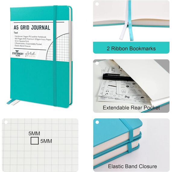 STATIONERY ISLAND Notizbuch A5 Kariert, Journal Hardcover mit 120 g/m² Dickem Papier, 180 Seiten Tagebuch, Notebook a5 für Mädchen, Reisetagebuch, Planen, Lernen, Grau