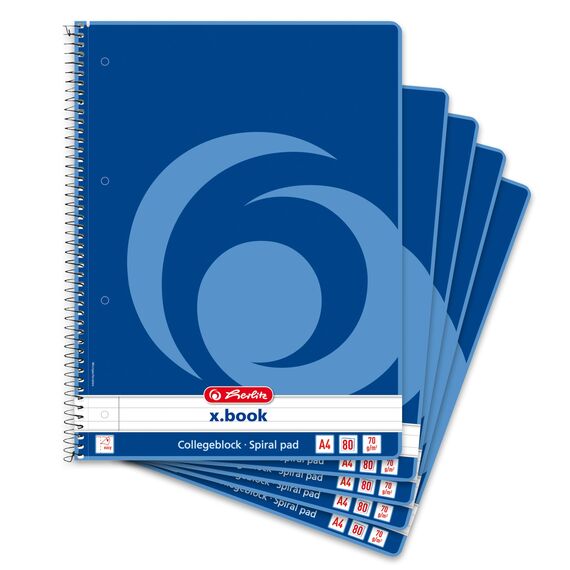 Herlitz Collegeblock x.book A4, liniert, 160 Seiten, Rand innen, 5 Stück