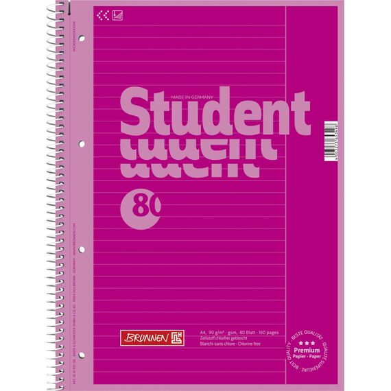 Brunnen 1067925126 Notizblock / Collegeblock Student Colour Code (A4 liniert, Lineatur 25, 90 g/m², 80 Blatt) pink