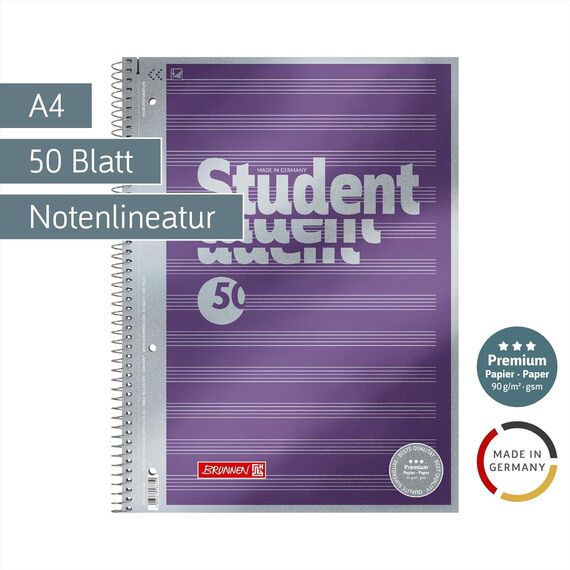 BRUNNEN Collegeblock Premium Student „Noten“ | A4, Lineatur 14, 50 Blatt, violett (A4 (Packung mit 5))