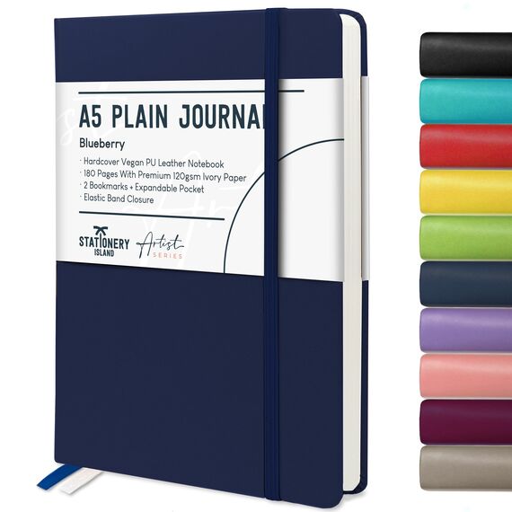 STATIONERY ISLAND Notizbuch A5 Blanko, Journal Hardcover mit 120 g/m² Dickem Papier, 180 Seiten Tagebuch, Notebook a5 für Mädchen, Reisetagebuch, Planen, Lernen, Dunkelblau