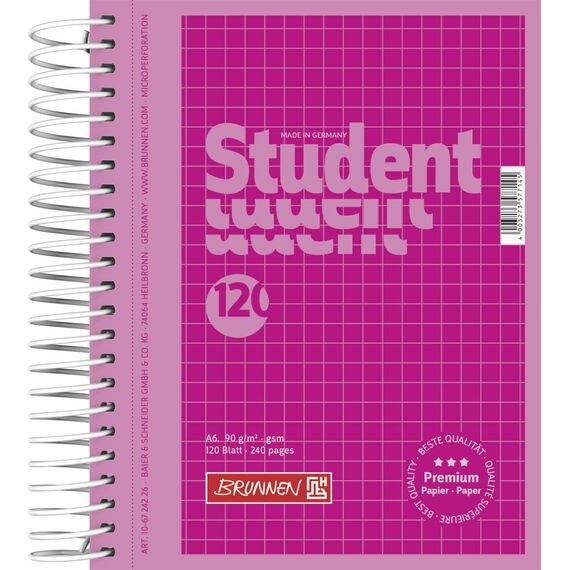 BRUNNEN Collegeblock Premium Student Colour Code | A6, kariert, 120 Blatt, pink