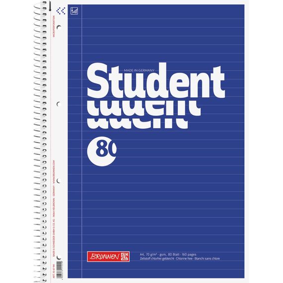 BRUNNEN Collegeblock Student | A4, Lineatur 21, 80 Blatt, blau