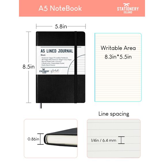 STATIONERY ISLAND Notizbuch A5 Liniert, Journal Hardcover mit 120 g/m² Dickem Papier, 180 Seiten Tagebuch, Notebook a5 für Mädchen, Reisetagebuch, Planen, Lernen, Violett