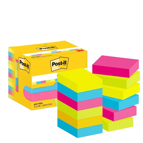 Post-it Notes Energetic Collection, Packung mit 12 Blöcken, 100 Blatt pro Block, 38 mm x 51 mm, Farbe: Gelb, Blau, Pink, Grün - Selbstklebende Notizzettel für Notizen, To-Do-Listen & Erinnerungen