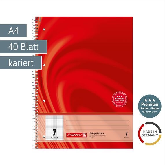 BRUNNEN Collegeblock Premium Vivendi | A4, Lineatur 7, 40 Blatt, rot