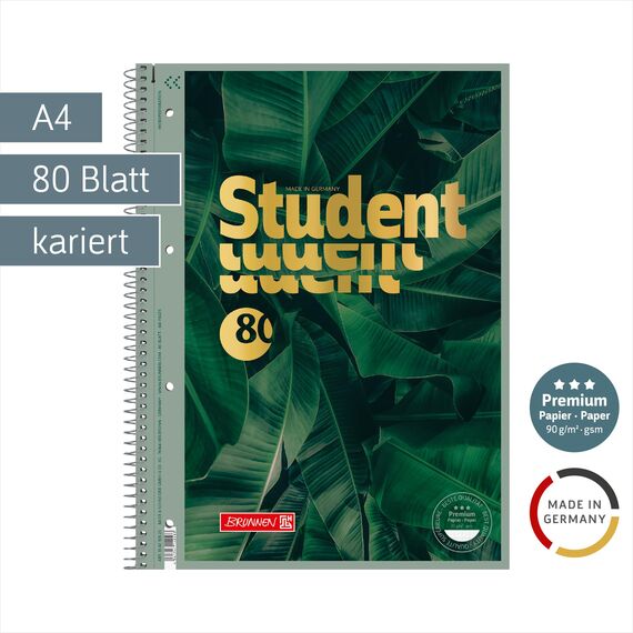 BRUNNEN Collegeblock Premium Student „Jungle“ | A4, Lineatur 28, 80 Blatt, dunkelgrün