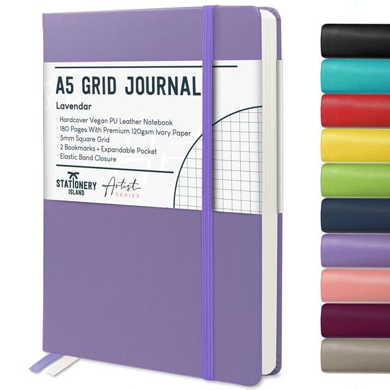 STATIONERY ISLAND Notizbuch A5 Kariert, Journal Hardcover mit 120 g/m² Dickem Papier, 180 Seiten Tagebuch, Notebook a5 für Mädchen, Reisetagebuch, Planen, Lernen, Violett