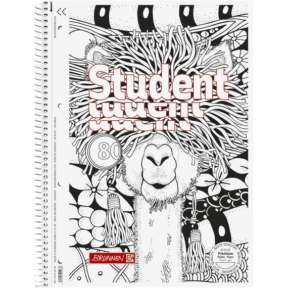 BRUNNEN Collegeblock Premium Student „Lama“ ZENart | A4, Lineatur 27, 80 Blatt, weiß