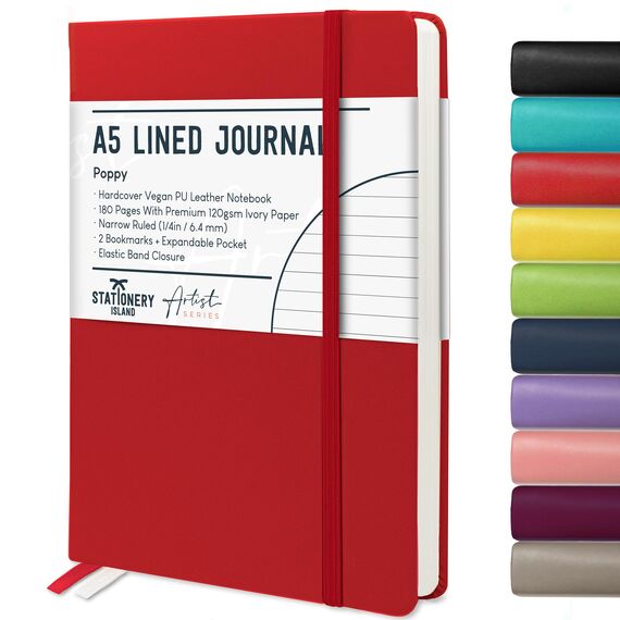 STATIONERY ISLAND Notizbuch A5 Liniert, Journal Hardcover mit 120 g/m² Dickem Papier, 180 Seiten Tagebuch, Notebook a5 für Mädchen, Reisetagebuch, Planen, Lernen, Rot