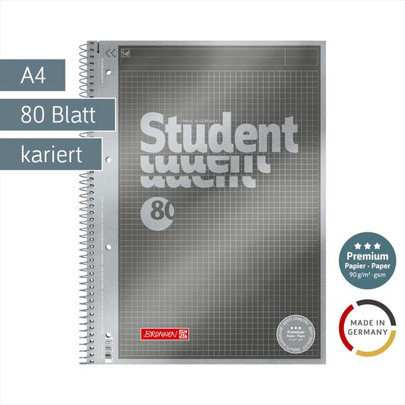 BRUNNEN Collegeblock Premium Student „Protokoll“ | A4, kariert, 80 Blatt, anthrazit
