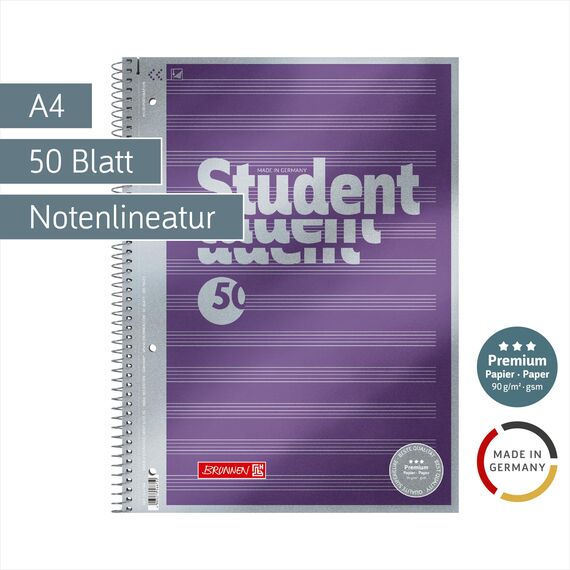 BRUNNEN Collegeblock Premium Student „Noten“ | A4, Lineatur 14, 50 Blatt, violett