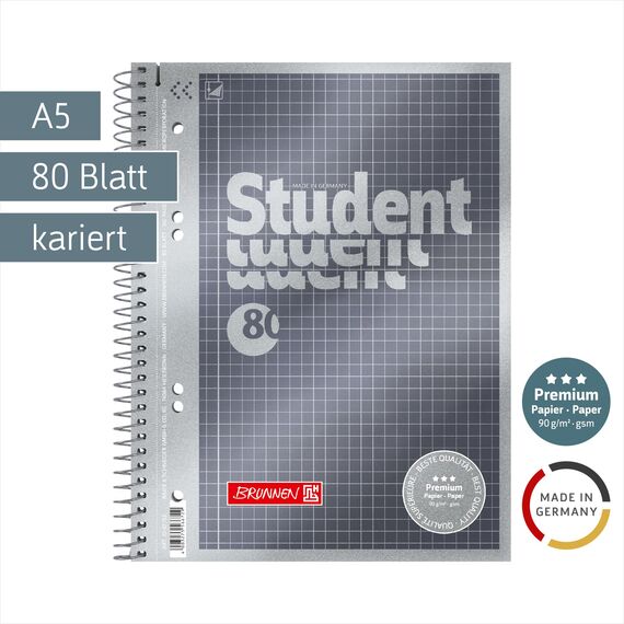 BRUNNEN Collegeblock Premium Student | A5, Lineatur 5, 80 Blatt, anthrazit