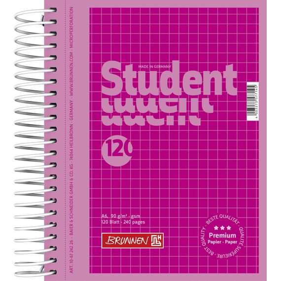 BRUNNEN Collegeblock Premium Student Colour Code | A6, kariert, 120 Blatt, pink