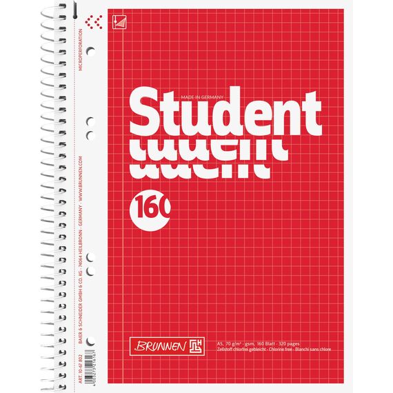 BRUNNEN Collegeblock Student | A5, Lineatur 5, 160 Blatt, rot