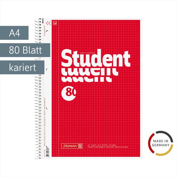 BRUNNEN Collegeblock Student | A4, Lineatur 22, 80 Blatt, rot
