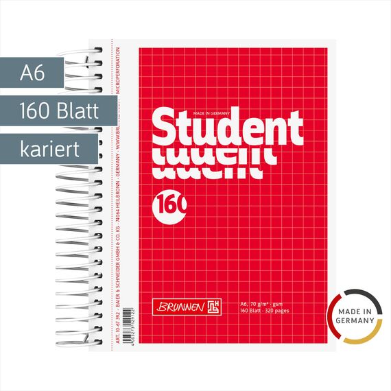 BRUNNEN Collegeblock Student | A6, kariert, 160 Blatt, rot